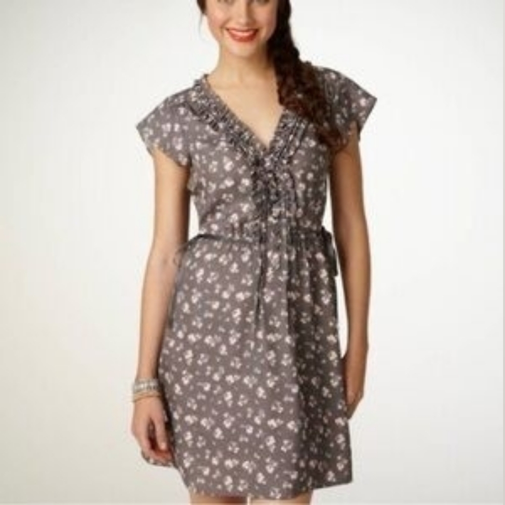 American Eagle Outfitters Gray Floral Cap Sleeve Dress Side Ribbons Size Small